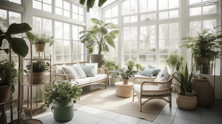 Interior of modern living room with sofa and plants, panoramaの素材