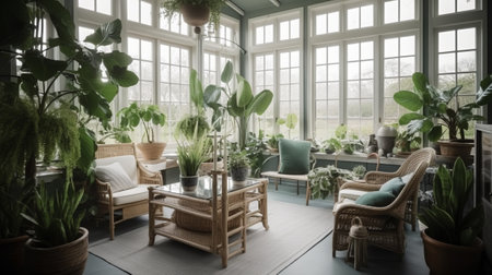 Interior of modern living room with rattan furniture and green plantsの素材
