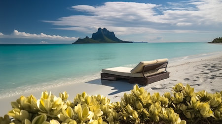 Lounge chairs on a white sand beach with mountain in the backgroundの素材