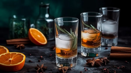 Alcoholic cocktail with ice, orange and spices on a black backgroundの素材