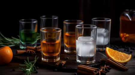 Tequila shot with orange, cinnamon and rosemary on wooden backgroundの素材