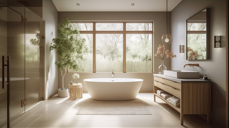 Bathroom interior design with bathtub and panoramic window. 3D Renderingの素材