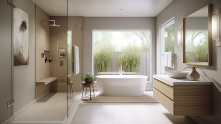 3d render of modern bathroom with white bathtub and mirror.の素材