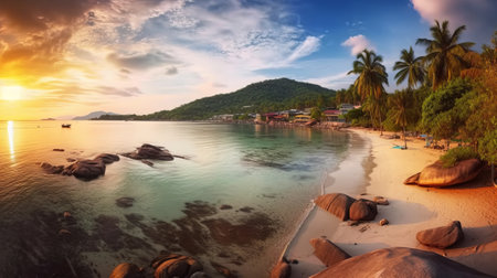 Tropical beach at sunset, Seychelles. Panoramaの素材