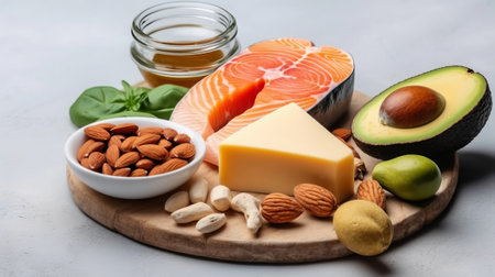 Healthy food clean eating selection: salmon, avocado, nuts, parmesan cheese.の素材