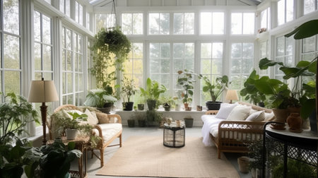 Interior of a living room with a large window, green plants and a sofaの素材