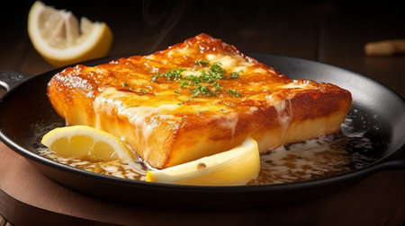 French toast with butter and lemon on a black plate, closeupの素材