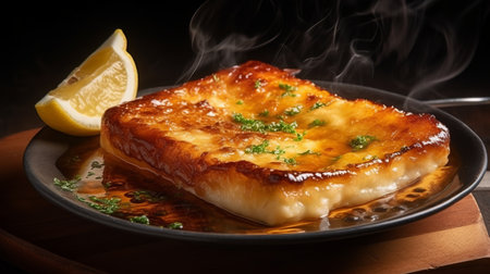 Delicious baked cheese with herbs and lemon on a black plate.の素材