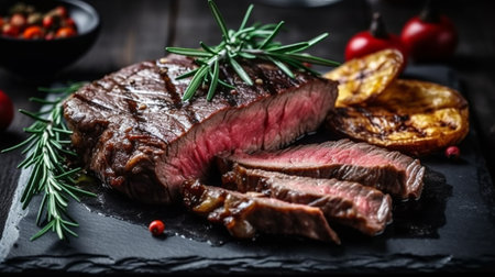 Grilled beef steak with rosemary and spices on a stone boardの素材