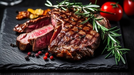 Grilled beef steak with rosemary and tomatoes on a black background.の素材