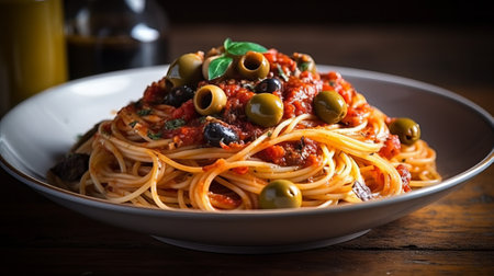 Spaghetti with tomato sauce, olives and parmesan cheeseの素材