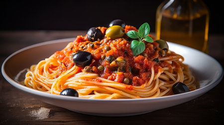 Spaghetti with tomato sauce, olives and basil on wooden tableの素材
