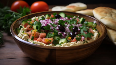 Bowl of hummus with fresh vegetables, olives, parsley and pita breadの素材
