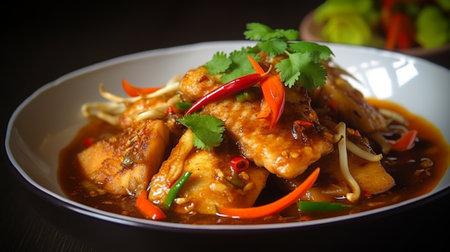 Fried fish with sweet and sour sauce, Thai style food.の素材