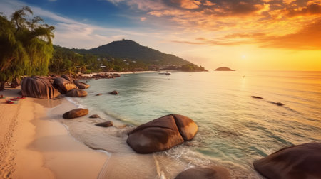 Tropical beach with granite rocks at sunset, Seychellesの素材