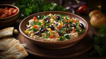 Bowl of hummus with olives, tomatoes and cilantroの素材