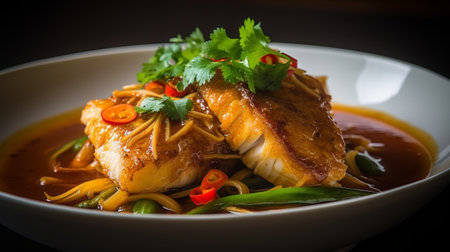 Noodles with fish in spicy sauce, Thai food style.の素材