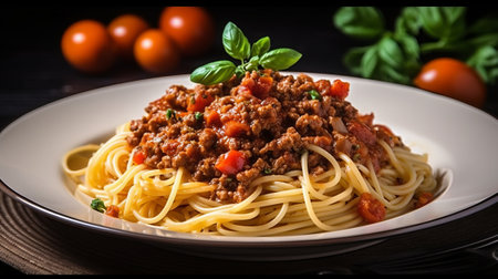 Spaghetti bolognese with tomato sauce and basil on black backgroundの素材