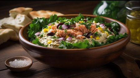 Salmon salad with avocado, olives and cilantro in clay bowlの素材
