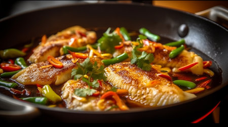 Fried fish with sweet and sour sauce in black pan, Thai foodの素材