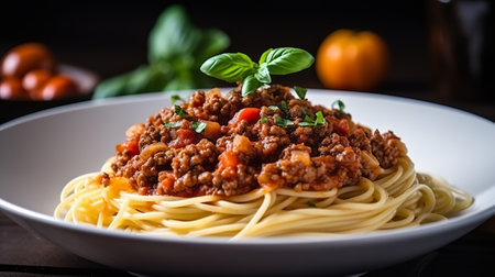 Spaghetti bolognese with tomato sauce and basil on a wooden tableの素材