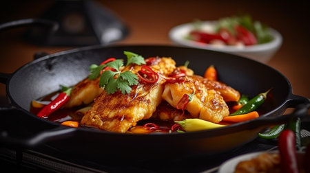 Fried fish fillet with chili pepper in a wok.の素材