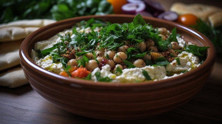 Hummus with chickpeas, feta cheese and parsleyの素材