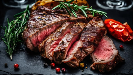 Grilled beef steak with rosemary and spices on black background.の素材