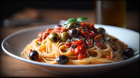 Spaghetti with tomato sauce, olives and parmesan cheeseの素材