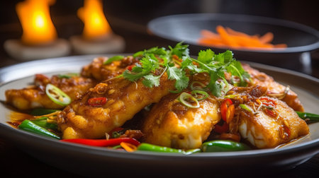 Fried fish in sweet and sour sauce with chili and corianderの素材