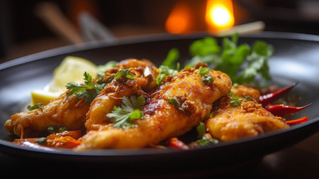 Fried squids with lemon and parsley on a black plateの素材