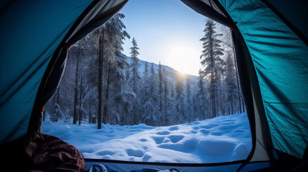Tent in the mountains. Camping in the winter forest.の素材