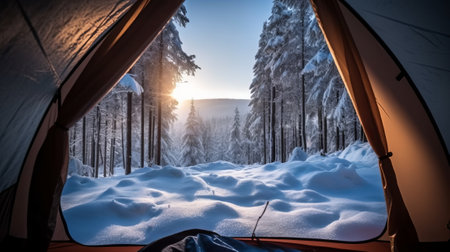 Camping in the Carpathian mountains in the winter, Ukraineの素材