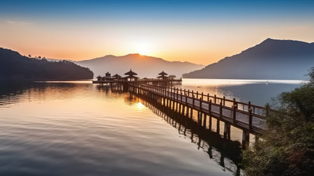 Wooden bridge in the lake with beautiful sunrise in the morning.の素材