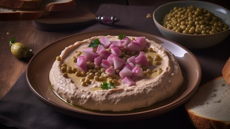 Vegetarian hummus with red onion and green peas on a plateの素材