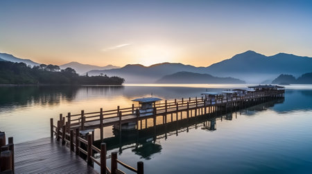 Sunrise at the lake with wooden pier and mountains in the backgroundの素材