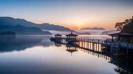 Sunrise at the wooden bridge in the lake with mountains and fogの素材