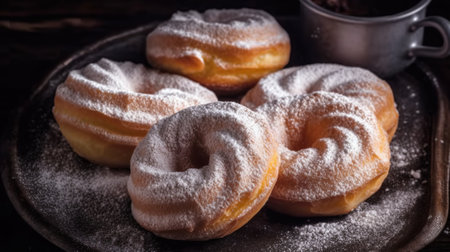 Donuts with icing sugar on a dark background. Selective focus.の素材