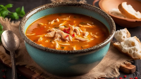 Chicken soup with noodles and vegetables in a bowl on a wooden background.の素材
