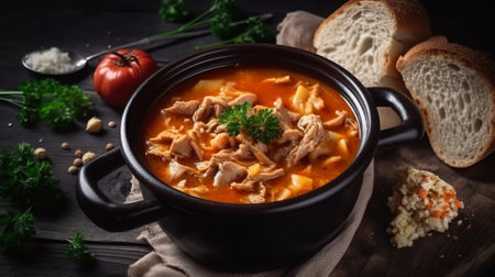 Soup with chicken and vegetables in a pot on a black background.の素材
