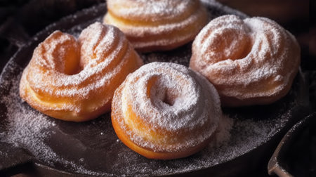 Close-up of donuts sprinkled with powdered sugar in a baking dishの素材