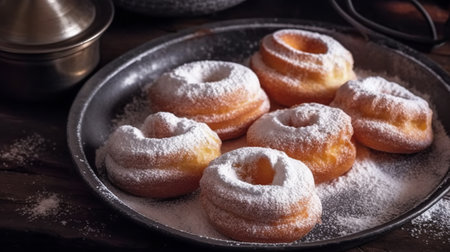 Tasty donuts sprinkled with powdered sugar on a black plate.の素材