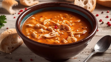 Tasty soup with pasta and vegetables in a bowl on the tableの素材
