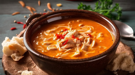 Tasty Thai soup with chicken in bowl on wooden table, closeupの素材