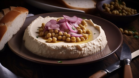 Hummus with chickpeas and red onion on a plateの素材
