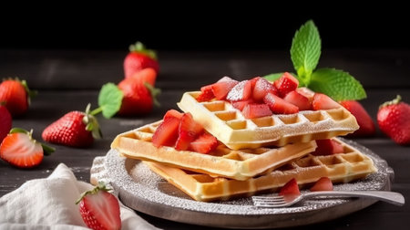 Belgian waffles with strawberries and mint on a black wooden backgroundの素材