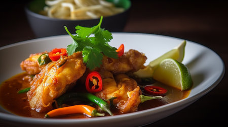 Spicy fried fish with chili and lime on white plate. Thai foodの素材