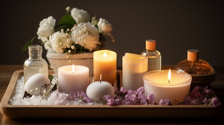 Spa still life with candles, sea salt and flowers on wooden tableの素材