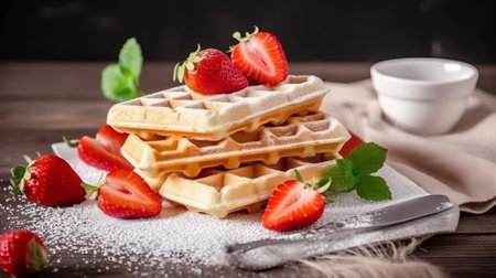 Belgian waffles with fresh strawberries and powdered sugar on wooden backgroundの素材