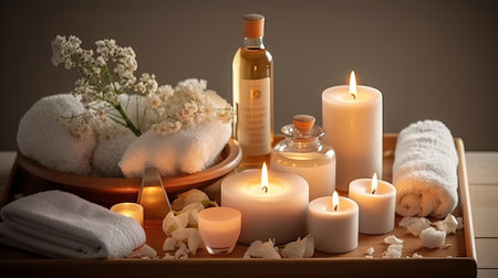 Spa composition with candles, towel and flowers on wooden table.の素材